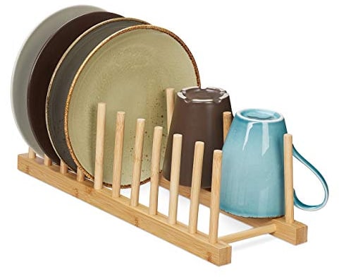 Relaxdays Escurreplatos, 10 Platos, Tablas de Picar, Tapas de Ollas, Soporte Vajilla, Escurridor Vajilla Bambú, Natural