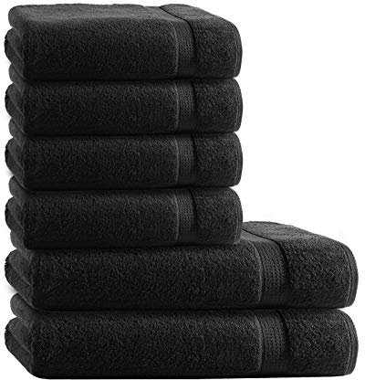 Müskaan Premium Handtuchset 6-TLG – 4 Handtücher & 2 Duschtücher aus 100% Baumwolle – Weich & saugfähig Frottee mit Aufhänger – Schwarz