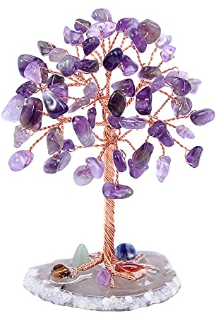 CrystalTears Feng Shui Deko Lebensbaum Handgefertigt Wire Wrap Trommelsteine Kristallbaum mit Achat Basis Dekoration Wohnzimmer Büro Tisch/Amethyst