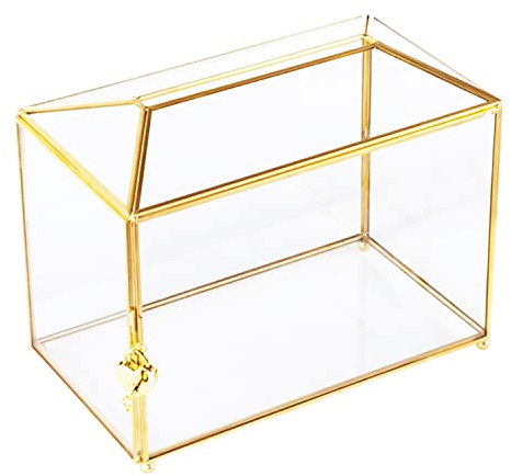 Vellon Transparente Hochzeits-Geschenkkarten-Box mit Schloss, verbesserte Sicherheits-Goldglas-Box für Ballon/Spende/Tombola/Empfang, goldene Glasbox