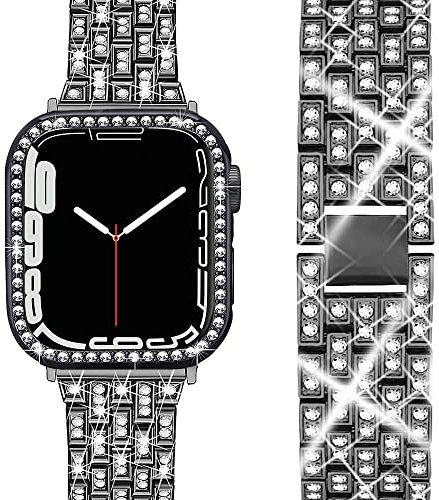 Miimall Cinturino con Custodia per Apple Watch Serie 9/8/7 45mm, Bling PC Case Protettiva, Cinturino di Ricambio Sottile con Strass, Strap in Acciaio Inossidabile per Apple Watch Serie 9/8/7, Nero