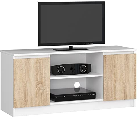 AKORD | Mobile per TV in Legno K 120 | Mobiletto Porta Televisione Soggiorno | Un ripiano Aperto | 2 Ripiani con Ante a Sinistra e a Destra | 55 x 120 x 40 cm | Peso 30kg | Bianco/Rovere Sonoma