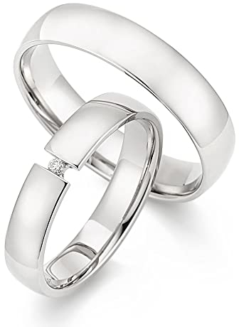 123traumringe Eheringe in 925 Silber I Partnerringe mit Etui & Gravur I Damenring mit 1 Brillant I Ringgröße 50-62 mm oder 54-72 mm I Verlobungsringe in 4/5 mm Breite & 1,5 mm Stärke I S91