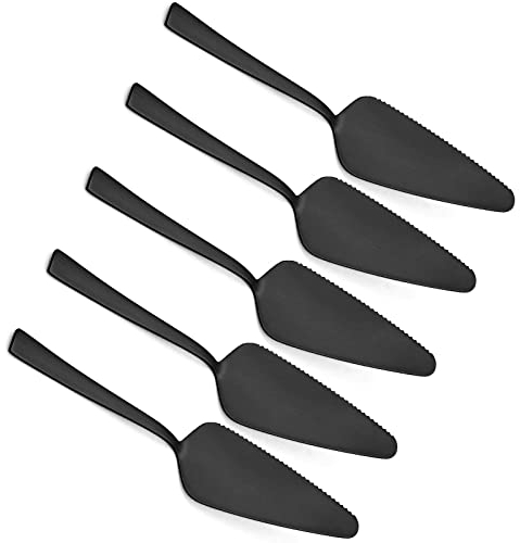 E-far Matte Black Pie Server Set of 5, 8.9 Inch Stainless Steel Cake Server Cutter for Pastry Cheese Pizza, Serrated Edge with Square Handle, Dishwasher Safe