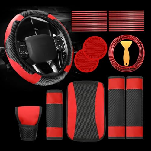 Riakrum 30 Pcs Car Accessories Set Red and Black PU Leather Steering Wheel Cover Auto Interior Accessories Gift Car Vent Trim Strips Air Conditioner Insert Strips with Installation Tool