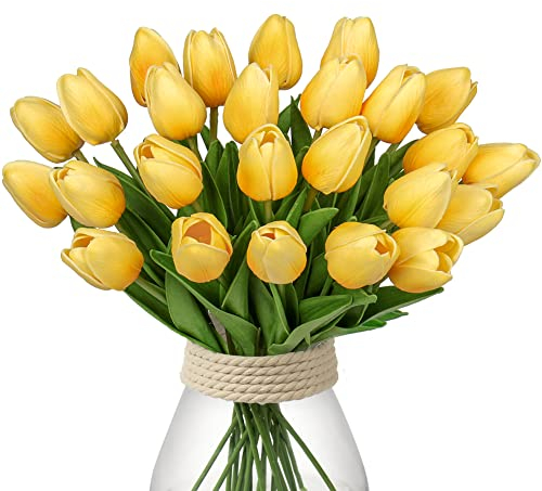 24 pcs Künstliche Blumen Tulpen, Decor Kunstblumen sehr echt, Plastikblumen Tulpen PU Latex real Touch, Gefälschte Blumen Tulpen Gelb für Hochzeitszimmer Home Decor Wohnzimmer Büro Hotel Küche Decor