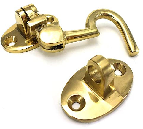 Small Brass Cabin Hook 3-Inch/ 75mm Brass Cabin Hook & Eye Silent Catch Door Latch Holder with Screws Silent Cabin Hook for Shed Gate Catch Garden Gate Latch Patio Doors Pack of 1.