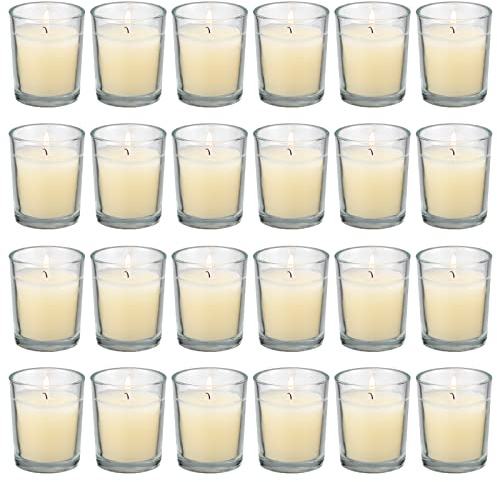 flamecan 24 Pack Clear Glass Filled Ivory Votive Candles. Unscented Votive Candles for Home Décor Spa Weddings Birthdays Holidays Party