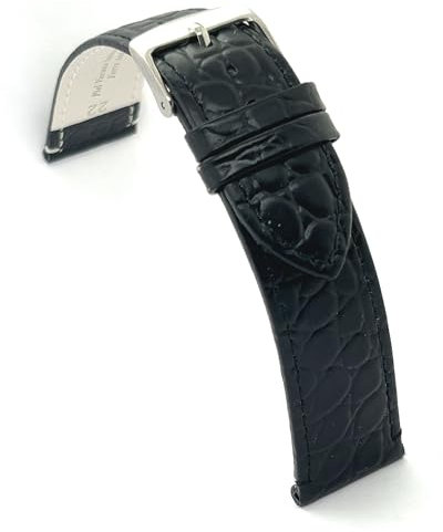 diloy Uhrenarmband aus Leder für klassische Uhren – Rindsleder mit rundem Krokodil-Prägemuster – Flach, klassischer Stil, Edelstahlschließe – Größen 12mm 14mm 16mm 18mm 20mm 22mm P209 Schwarz 16mm