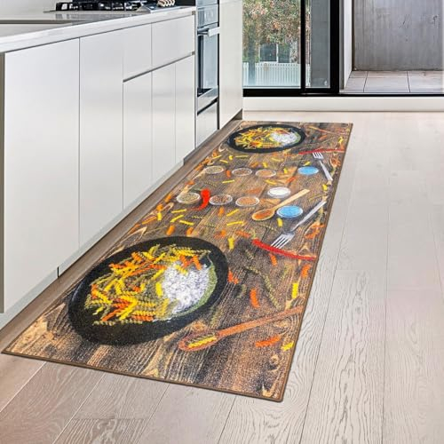 Küchenläufer Teppich waschbar mit bunten Nudeln verschiedenen Gewürzen und roten Chilis, 80 x 150 cm