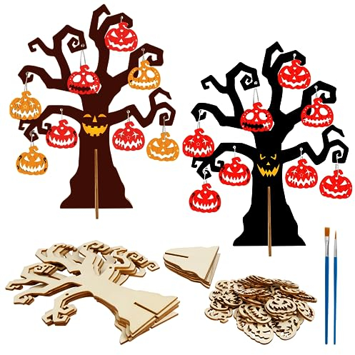 LOOPES 6 stk Halloween Deko Kürbis Bastelsets 3D Holz Halloweenbaum mit Pinsel Halloween Skelettkopf Kürbis Basteln zum Bemalen DIY Bastelbaum für Kinder Basteln Kürbis Deko Mitgebsel Kindergeburtstag