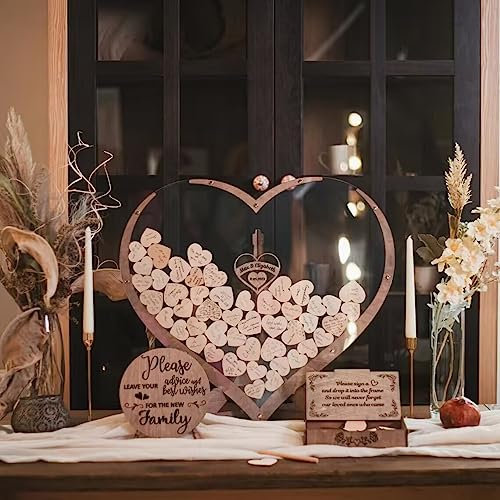 Wedding Guest Book Alternative Acrylic Rustic Wedding Decorations for Reception Weding Guest Book with 80pc Heart Drop Box to Sign Wedding Anniversary Party Baby Shower(Heart-Text)