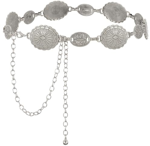 WHIPPY Damen Concho Kettengürtel taillenkette Türkis Taille Gürtel verstellbarer Metall Western Cowgirl Gürtel für Kleid,Silber 130cm