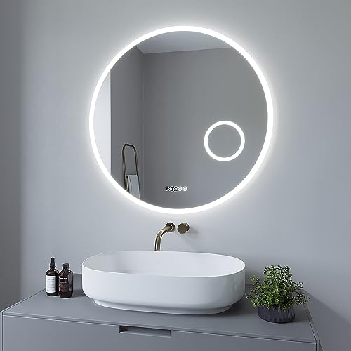 AQUABATOS® Badspiegel mit Beleuchtung Rund 80 cm LED Schminkspiegel Uhr Kosmetikspiegel Wandspiegel Badezimmerspiegel Lichtspiegel Dimmbar Touch für Wandschalter Kaltweiß 6400K Spiegelheizung