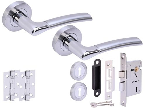 HANDLEZONE® Columba Premium Door Handles on Rose 3 Lever Lock Pack with 75mm Ball Bearing Hinges and 76mm Lock - Dual Polished/Satin Chrome