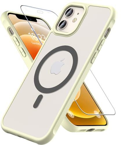 OWKEY Magsafe Compatible iPhone 12/12 Pro Case - Tempered Glass, Shockproof Military-Grade Translucent Matte Back Magnetic Slim Cover, Beige
