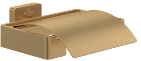 Villeroy & Boch Elements - Striking Toilettenpapierhalter mit Deckel, Klopapierhalter für Wandmontage, Klorollenhalter aus Messing, WC-Papierhalter eckig, Brushed Gold