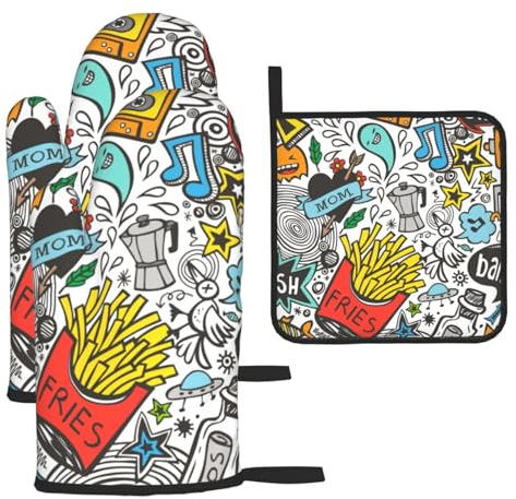 Comic Art Ofenhandschuhe und Topflappen-Set, wasserdicht, hitzebeständig, Küchenhandschuhe zum Kochen, Backen und Grillen, 3-teilig