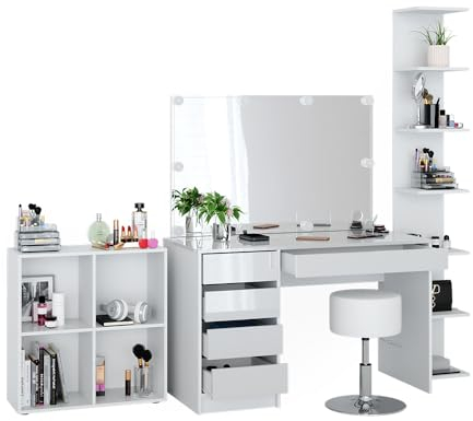 Vicco Schminktisch Sherry, Weiß Hochglanz/Weiß, 5 Teile, mit Aufbewahrungsregal, Standregal, Spiegel, Hocker, LED