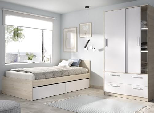 DEKIT GRUPO RIMOBEL TOP PACK - Conjunto de cama con dos cajones y armario de dos puertas correderas y cuatro cajones - BLANCO / NATURAL