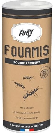 FURY - Poudre fourmis & rampants - Répulsive - Action rapide & rémanente - Base de géraniol & pyrèthre - 150ml - Fabrication française