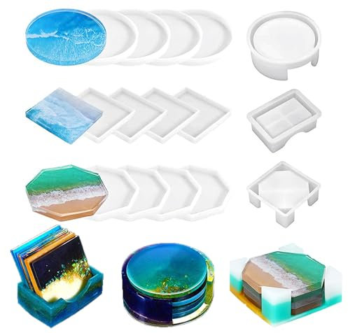 Yitobici Lot de 15 moules en Silicone pour Dessous de Verre en résine époxy, moules en résine époxy avec Support Rond et carré pour Loisirs créatifs en Cristal