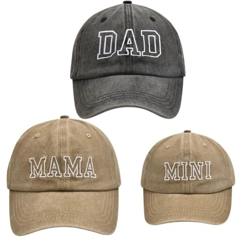 ZUYYON 3 Stück Eltern-Kind-Baseballmützen, verstellbar, für Mama, Vater, Mini-Tochter, Sohn, bestickte Kappe, passende Retro-Familienhüte, Schwarz, Khaki, Einheitsgröße