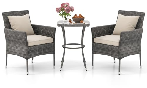 LIFEZEAL Juego de 2 Sillas de Jardín de Ratán PE y Mesa Auxiliar, Sofá con Cojines Desmontables y Mesa de Café de Cristal Templado, Set de Jardín para Tomar el Sol, Piscina y Patio (Beige)