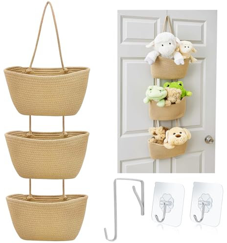 comeder 3-Tier Over the Door Storage Organiser, Woven Cotton Rope Storage Solution Wall Mount Hanging Storage Bag Back of Door with Hook for Bedroom, Bathroom, Nursery, Living Room (Linen)