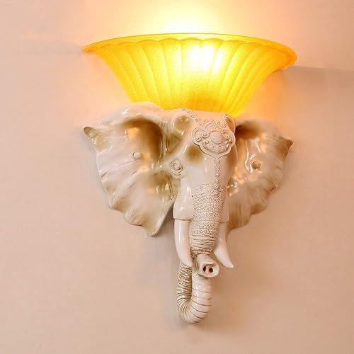 USMJQVZ Weiße Kunstharz-Wandleuchte mit Glaslampenschirm, Elefanten-Dekoration, Innenwandleuchte, Gold, moderne Retro-LED-Wandbeleuchtung, festverdrahtete Wandleuchte/Lampen-Wandleuchte für Schlafzimm