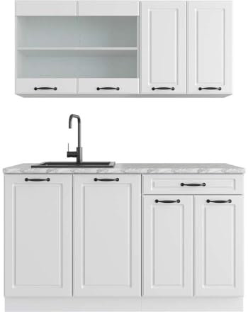 Vicco Singleküche R-Line, Küchenzeile Single, Weiß Landhaus/Weiß, 140 cm, AP Marmor