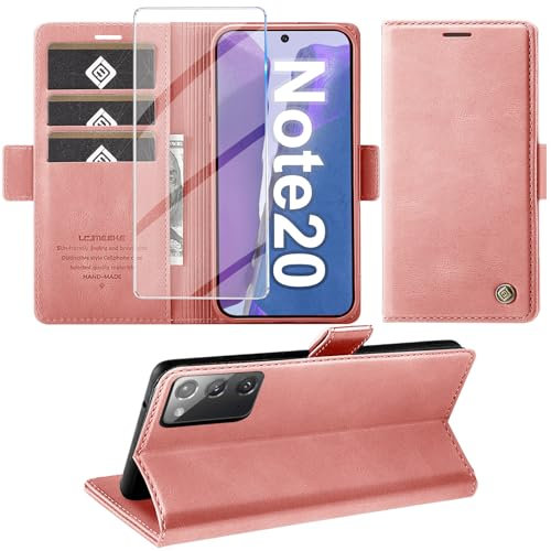 Giyer Handyhülle für Samsung Galaxy Note 20: PU Leder Wallet Flip Case Standfunktion Kartenfach Klapphülle mit Schutzfolie (Rosa)