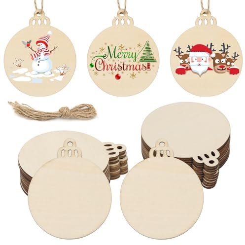 TAIANJI 100 Pcs Christmas Wooden Ornaments Bauble Natural Unfinished Wood Slice Blank Round Shape with String Wood Craft Wooden Shapes Embellishments for Hanging Xmas Tree Decoration DIY Crafts 8.9cm