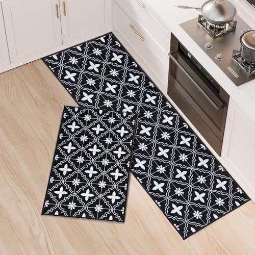 LY4U Alfombrillas de Cocina, Juego de Alfombras de Cocina de 2 Piezas, Alfombras de Cocina Absorbentes de Agua, Alfombras de Corredor Antideslizantes para Lavandería, 43x75 + 43x120cm, Negro