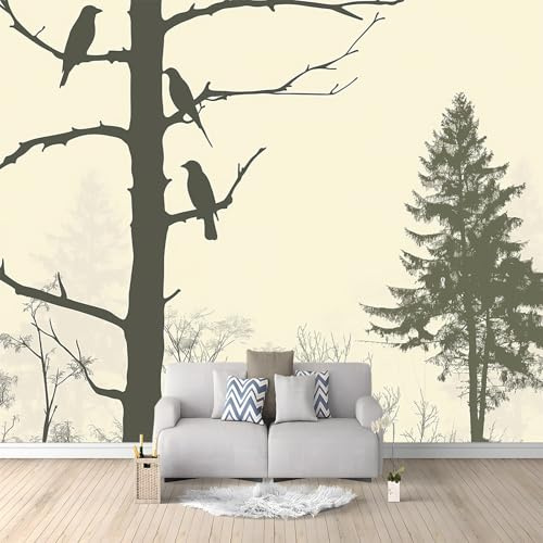 Carta Da Parati Soggiorno 3D Pini Uccelli Natura 300x210 cm Fotomurale Stampa HD Moderna, per Camera Letto TV Decorazione di sfondo Fotomurali in Murale alla moda da Muro