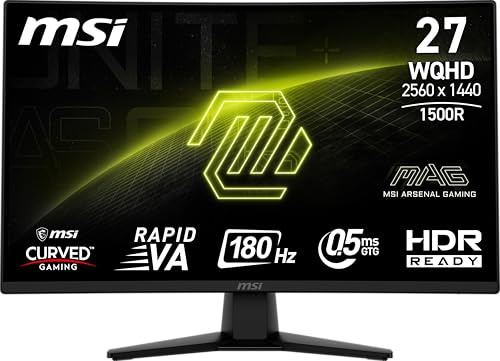 MSI mag 274CQF Curved Display (27 Inches, 2560 x 1440 (QHD), 180 Hz, HDMI, DisplayPort, VGA Port, VESA Mount, Tilt, Speaker, Slim Frame, 0.5 ms, Black
