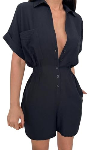 Salopette Short Femme Sexy Combinaison Ample décontractée à Manches Courtes pour Femmes, Couleur Unie, Short Short Noir Femme Grande Taille (Black, M)