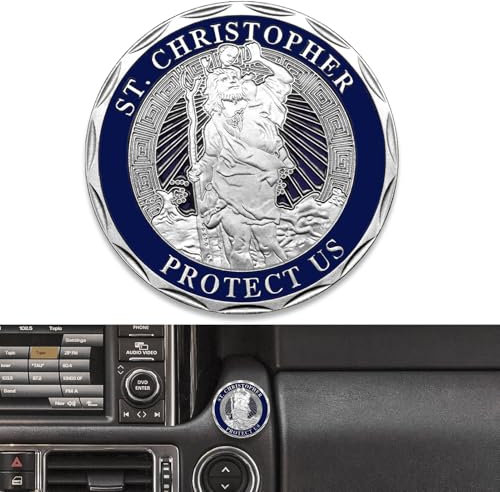 Anwlki Heiliger Christophorus Auto Plaketten Ø 4cm Heiligen Christophorus Medaille Beschutze Uns Komm Gut Heim Geschenk mit 1 Magnet Eisenstück und 3 Doppelseitig Klebende Aufkleber (Silber)