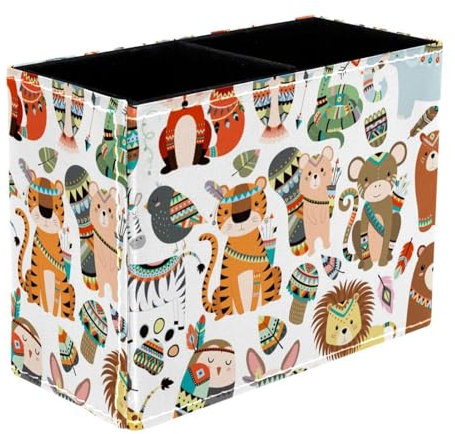 VAPOKF Woodland Jungle Tribal Animal Pen Holder for Desk, 2 Compartments Pen Pot Pencil Holders Makeup Brushes Storage Desktop Stationary Supplies Organiser for Home Office