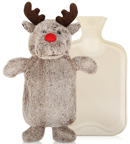Wärmflasche Kinder, Weihnachtsrentier Plüsch 1L Wärmflasche mit Bezug, Tier Thermophor mit Auslaufsicherem Gummi, Bettflasche für Kinder und Erwachsene Winterliche Wärme Wärmflaschen für Geschenk