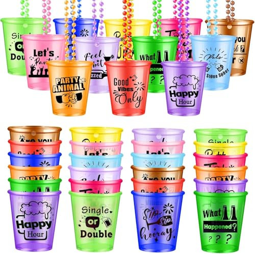 36pcs Shot Glasses,Colorful Shot Glass on Beaded Necklace,Party Shot Glass,Shot Cups Necklace Beads for Birthday Wedding Team Groom Bride Festival Party Favor Supplies(Multi Color-12 Style)