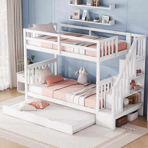 Huayz Etagenbett 90x200 mit Ausziehbett und Treppe, Kinderbett Hochbett für 3 Kinder, Jugendbett mit lattenrost und Rausfallschutz, Stockbett Funktionsbett, ohne Matratze (90×200cm)