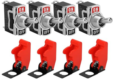 QWORK® Set di 4 Interruttori a Levetta SPST On-Off con Cappuccio Impermeabile - SPST 2 Pin 2 Posizioni, 10 A/12 V CC, 6 A/24 V CC - per Auto Camion Barca