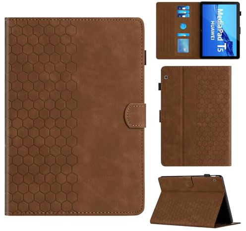 Rosbtib Hülle für Huawei MediaPad T5 10.1 Zoll 2018 Modell AGS2-W09/W19/L09 Gehäuse mit Ständer mit Kartenschlitz, Sechseckiges strukturiertes Muster Kunstlederhülle Für Huawei MediaPad T5, Braun
