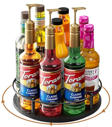 Nuovoware 9 Bottiglie Rotanti Sciroppo Caffè, Organizzatore Sciroppo Caffè Telaio Acciaio Carbonio Base Legno Portabottiglie Sciroppi Aromatizzati Tavolo Thermos Liquor, Nero+Nero
