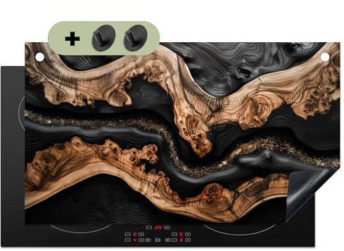 KitchenYeah© Herdabdeckplatte Einteilig 91x52 cm Küche Ceranfeld Abdeckplatte Cerankochfeld Abdeckung Induktionskochfeld Schutzmatte, Spritzschutz Küche Deko Schwarz - Holz - Kunstharz - Fluss