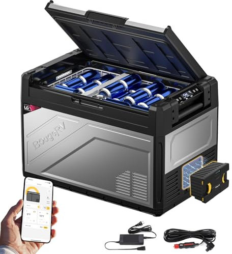 BougeRV Rocky2 52L Glacière à Compression avec Batterie Rechargeable de 173 Wh Frigo Portable 12V 220V Compresseur de 5,7cc Double Zone Voiture Réfrigérateur Congélateur Camping Car Van Bateau -20℃