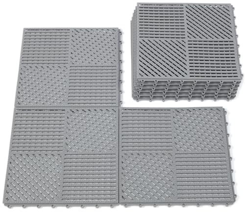 wiiiw Paquete de 9 azulejos de drenaje antideslizantes entrelazados, tapete de ducha al aire libre para piscina, baño, sótano, barco y área de mascotas, 12 x 12 pulgadas, color gris claro