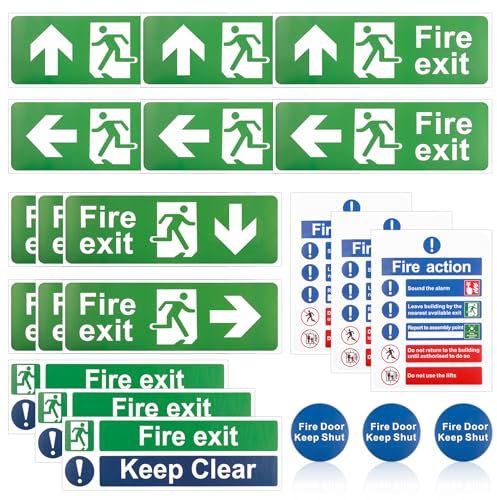 21pcs Fire Exit Signs Safety Signage Set Fire Action Notice Signs self adhesive Emergency Exit Door Sign for Commercial Building Public Home (Clear Directional Arrows, Keep Clear, Door Keep Shut)