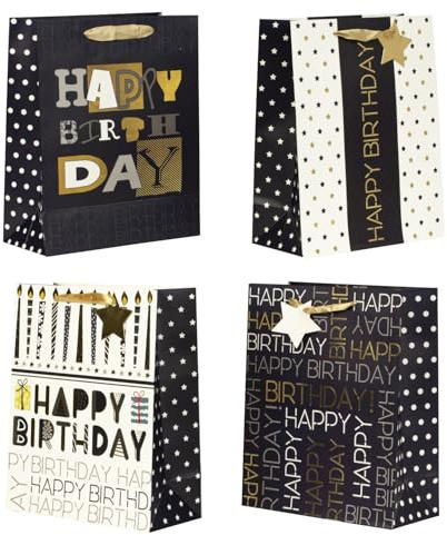 Meberg IK1717_x4 Geschenktüte Happy Birthday modern 4er Set Papier Geschenktasche Geschenkbeutel mit Griff Schwarz Weiß Gold 32 cm Papiertasche